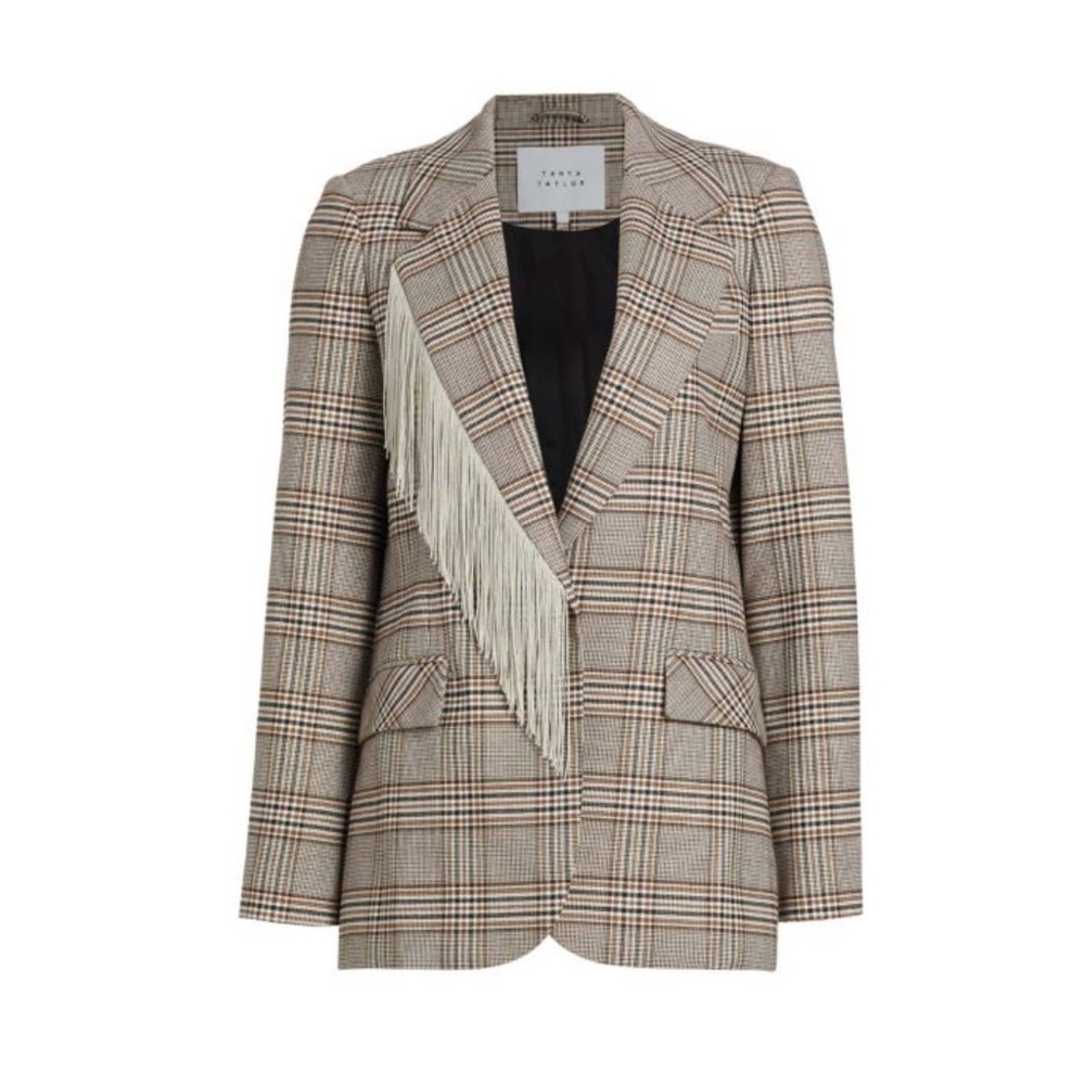 TANYA TAYLOR Lewis Plaid Fringe Trim Blazer NEW